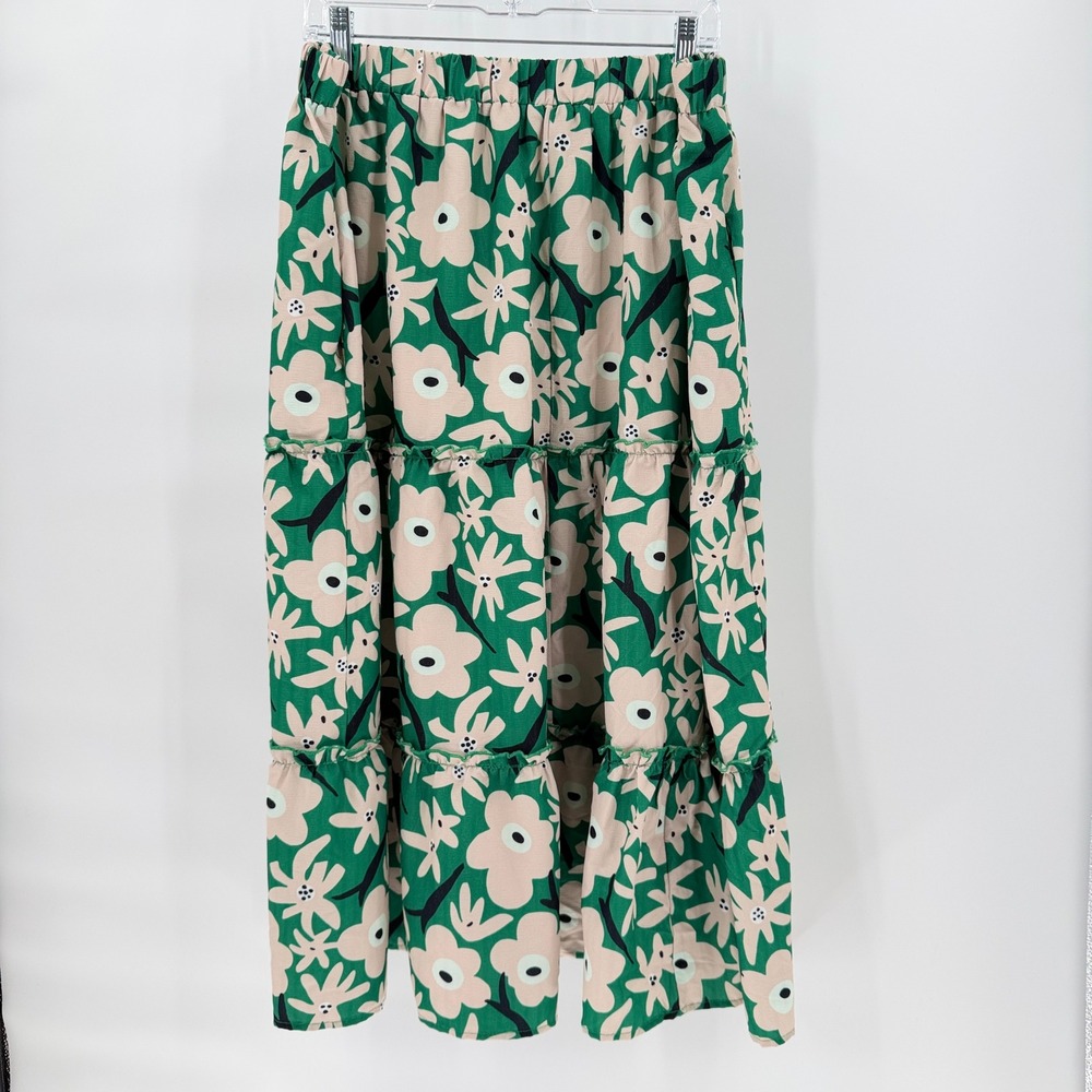POLAGRAM Green Floral Tiered Maxi Skirt Plus Size 1XL Elastic Waist Flowy Boho - Picture 3 of 9